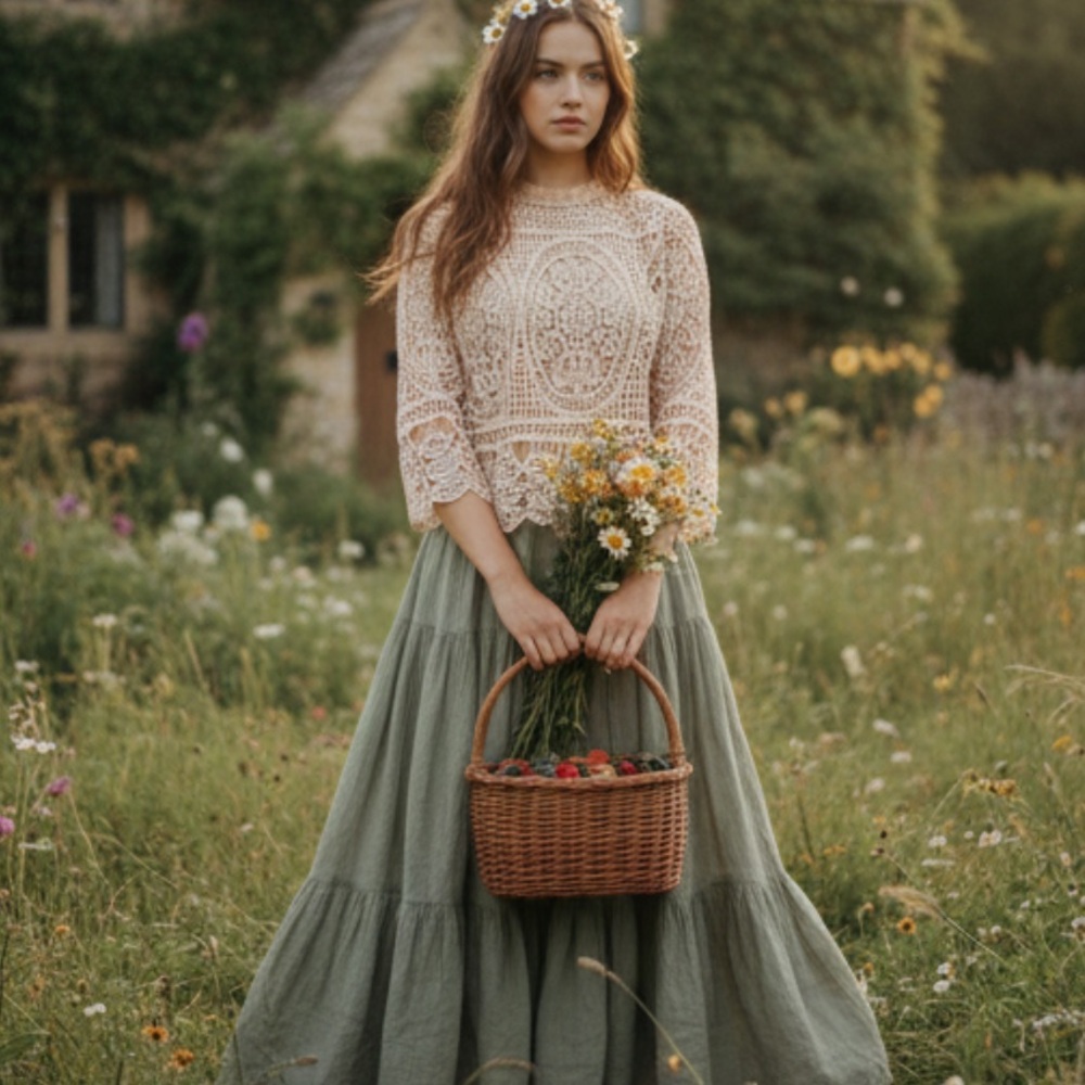 Mele E Pere Lace blouse Crochet See-Through Beige Blush cottage retro M